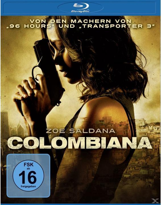 Blu-ray-Cover. Eine Frau hält eine Waffe. Titel: Colombiana. Der Hintergrund hat eine Stadt.