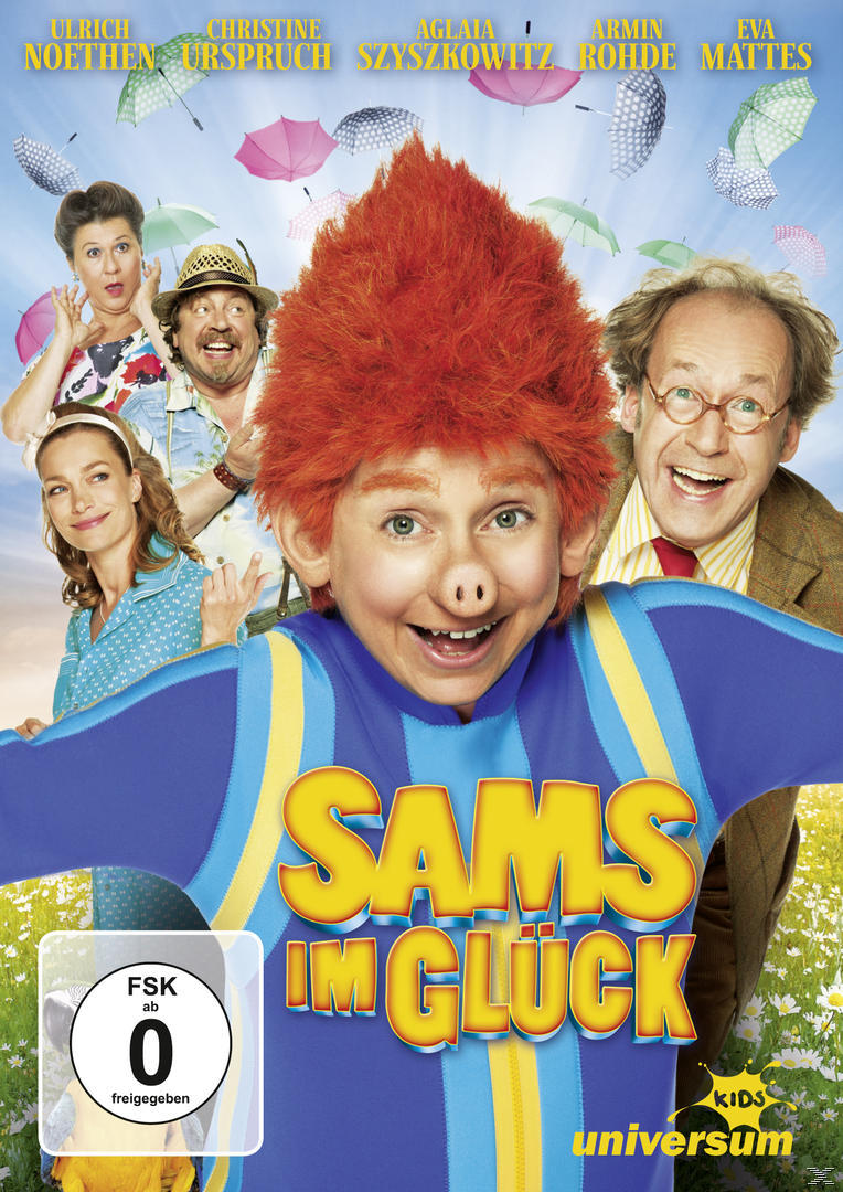Filmcover mit einem Kind mit roten Haaren und einer Gruppe von Leuten, Titel ist 'Sams im Glück'.