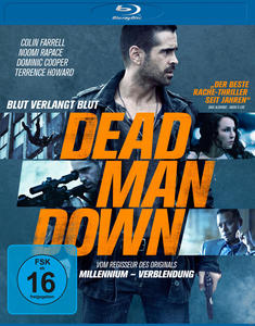 DVD-Cover: Mann mit ernstem Gesicht. Titel 'Dead Man Down', dunkle Farben.