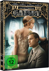 DVD-Cover von The Great Gatsby. Ein Paar steht im Mittelpunkt. Goldener Text oben.