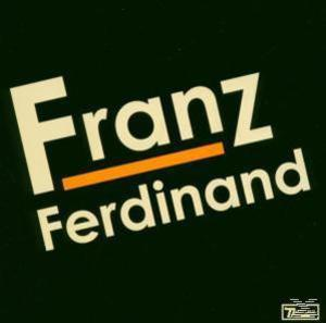 Das Logo von Franz Ferdinand auf dunklem Grün. Weißer Text mit orangefarbener Linie über 'Ferdinand'.