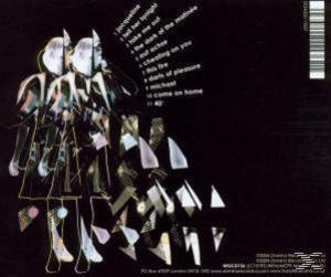 CD-Cover mit abstrakten Figuren und Songtiteln. Schwarzer Hintergrund mit weißen und rosa Akzenten. Barcode rechts.