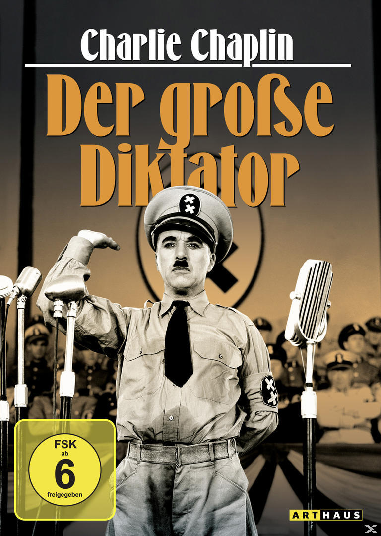Filmplakat für 'Der Große Diktator' von Charlie Chaplin. Chaplin in Militäruniform, hebt die Hand.
