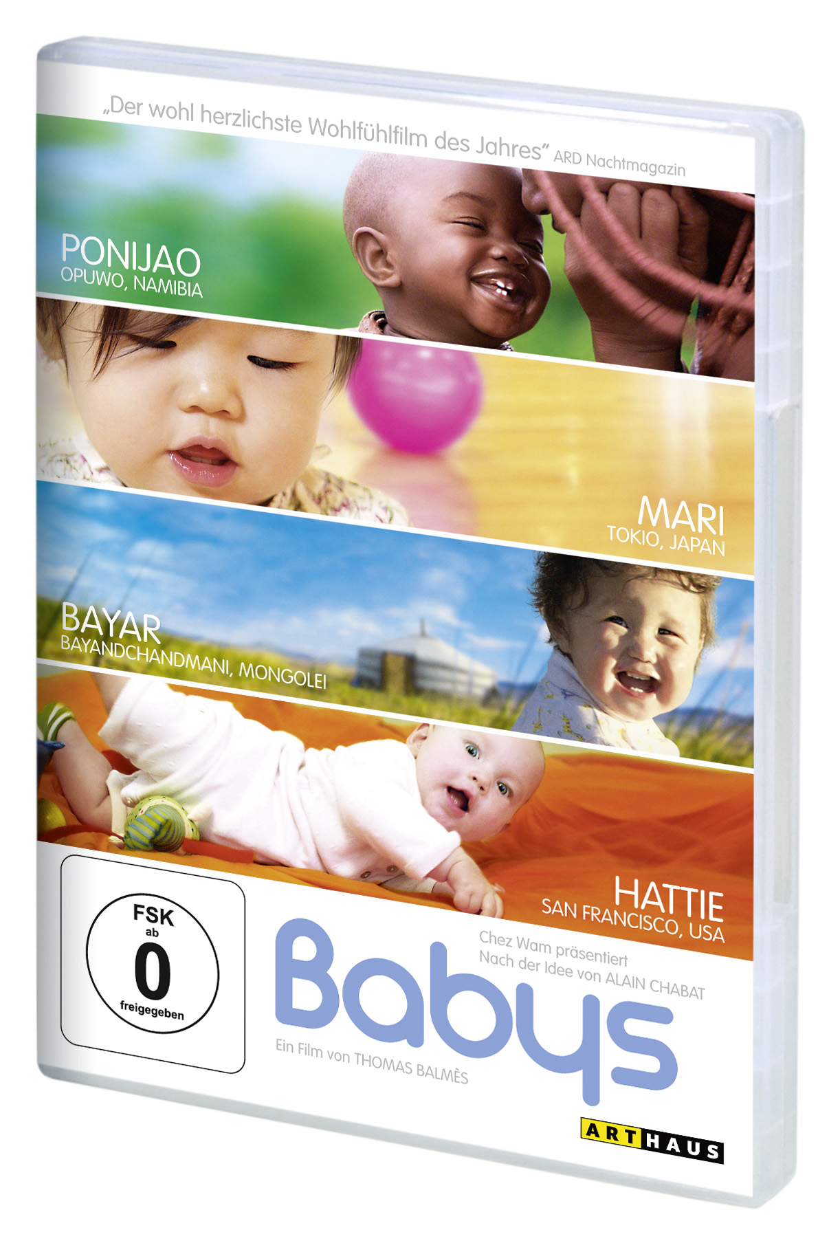 DVD-Hülle mit Babybildern, Text 'Babys' und verschiedenen Orten.