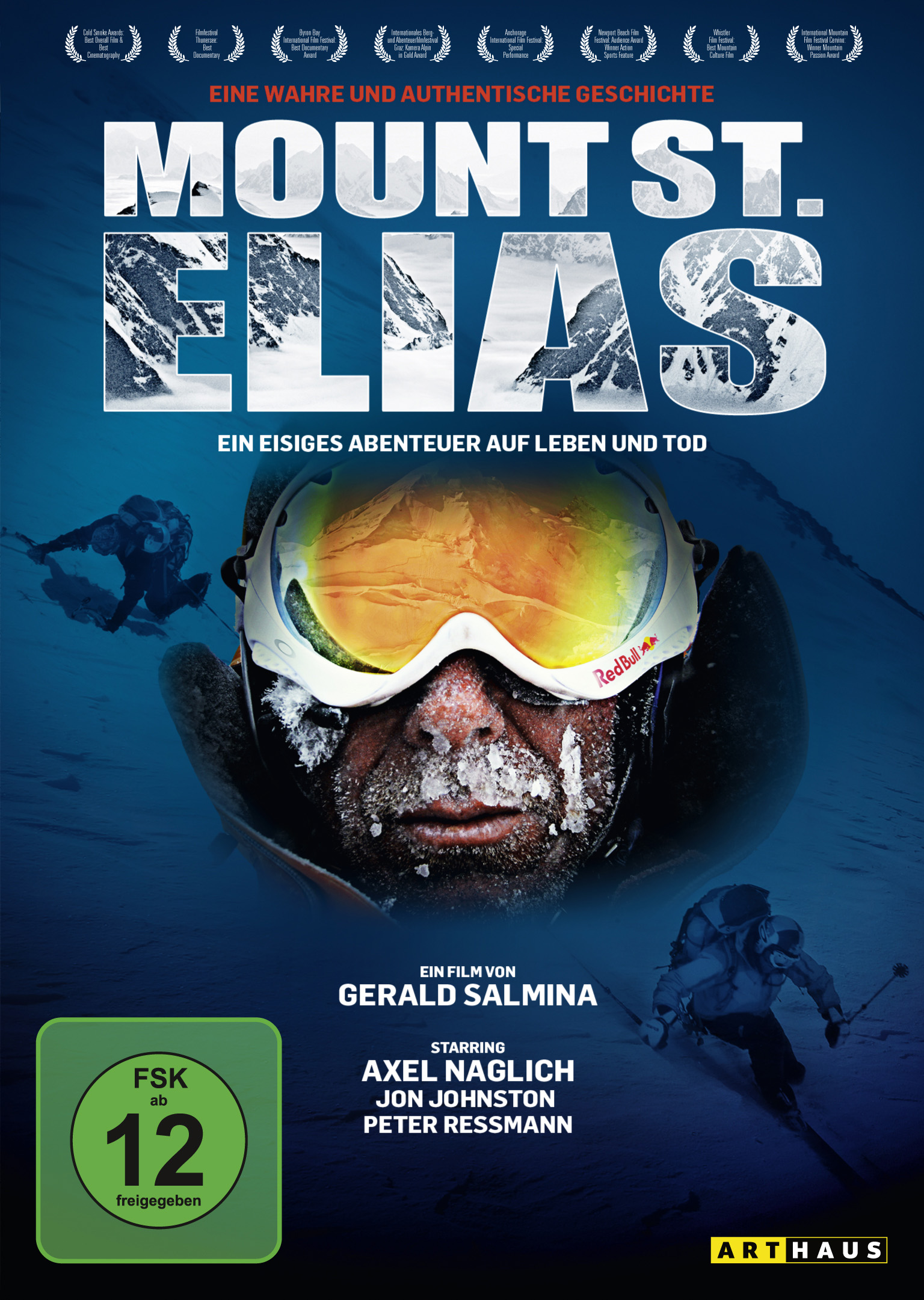 Filmposter mit einem Mann mit Schnee im Gesicht, der eine Schutzbrille trägt. Text lautet 'MOUNT ST. ELIAS'.