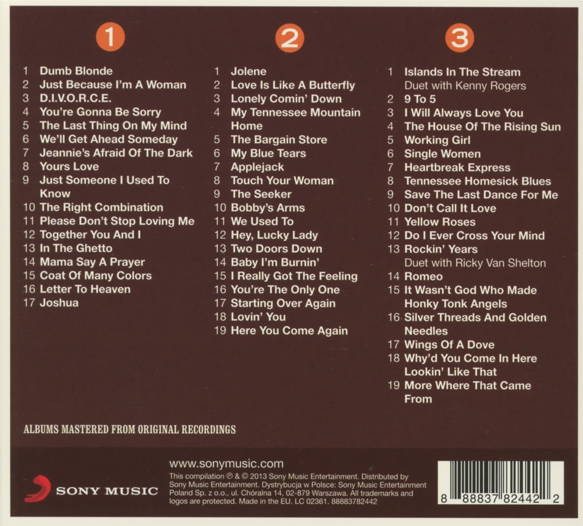 Rückseite einer CD mit drei Spalten mit Songtiteln, einem Logo und einem Barcode.