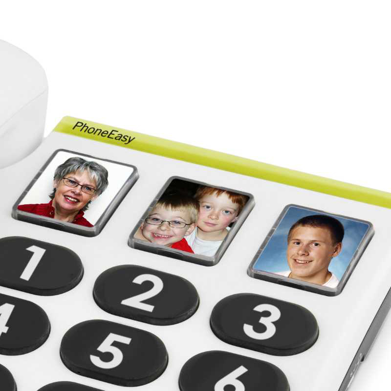 Ein Telefon mit Bildern von Personen auf Kurzwahltasten, die Zahlen 1, 2, 3, 4, 5, 6 sind sichtbar.