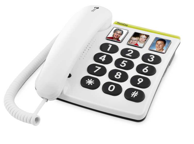 Weißes Telefon mit großen Tasten und Fotos von Personen. Es ist ein PhoneEasy-Modell.