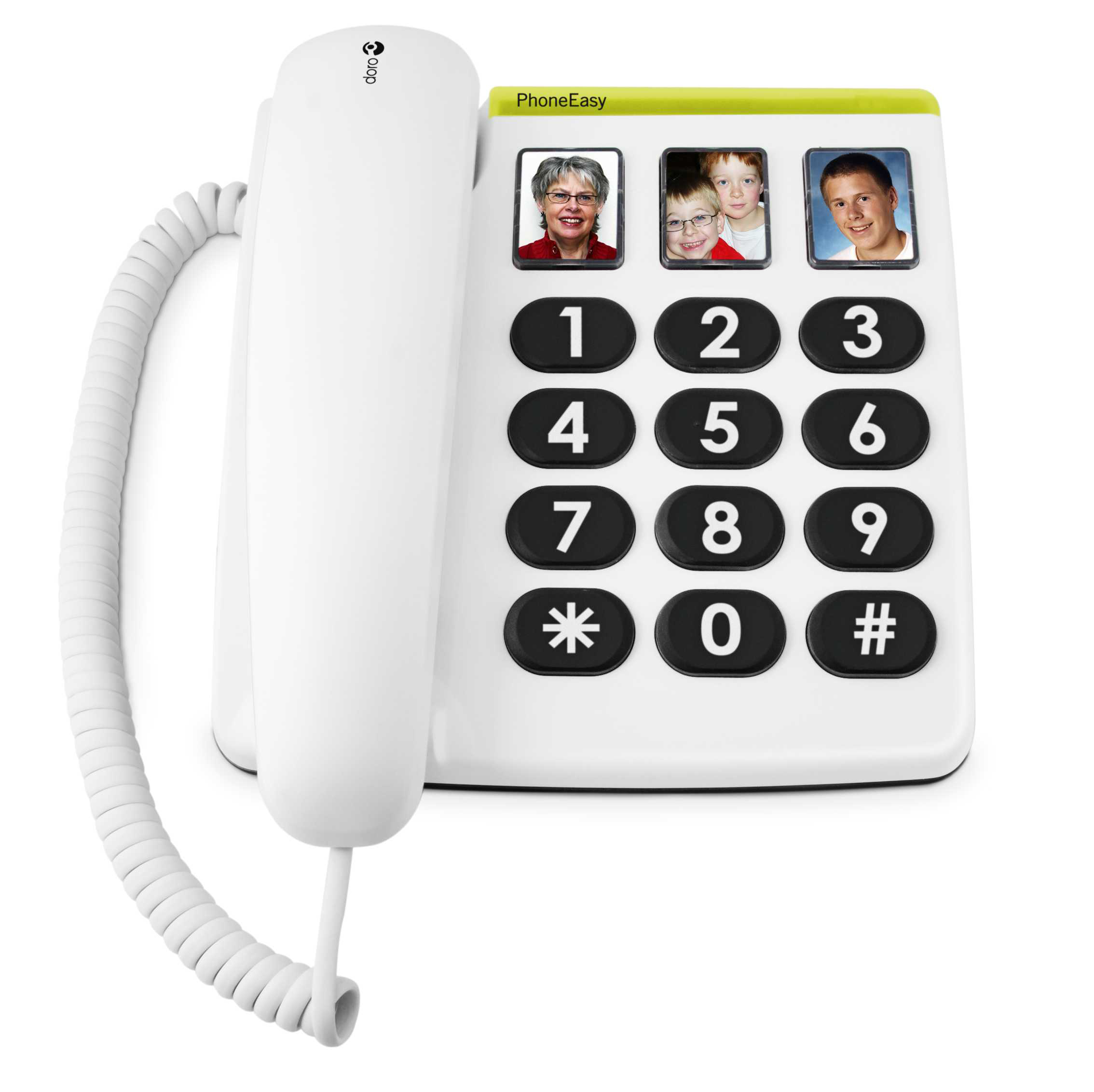 Ein weißes PhoneEasy-Telefon mit großen Tasten, drei Fototasten und einem Display.