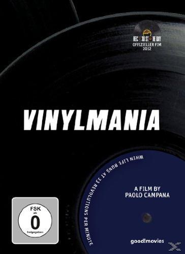 Schwarze Schallplatte mit dem Titel 'VINYLMANIA' in weißer Schrift und blauem Label.