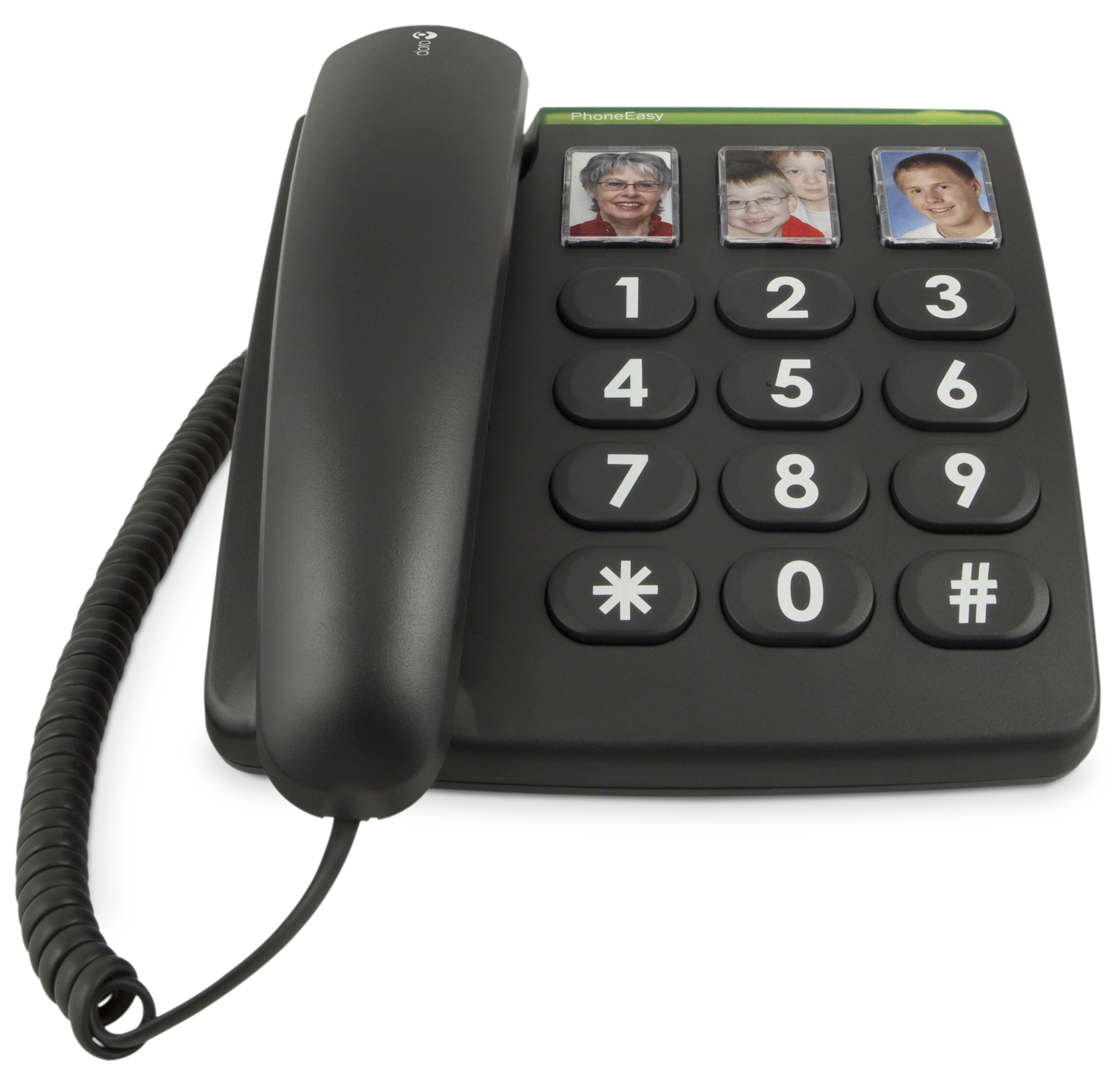 Schwarzes Festnetztelefon mit großen Tasten und Fototasten, auf weißem Hintergrund.