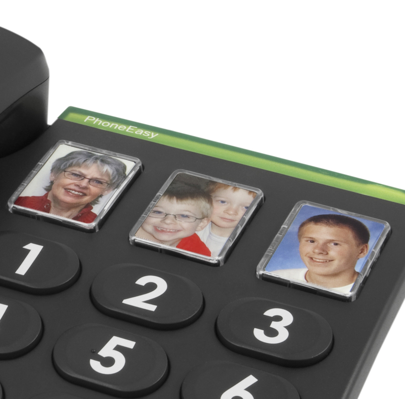 Schwarzes Telefon mit drei Fototasten von Personen und darunter Zifferntasten.