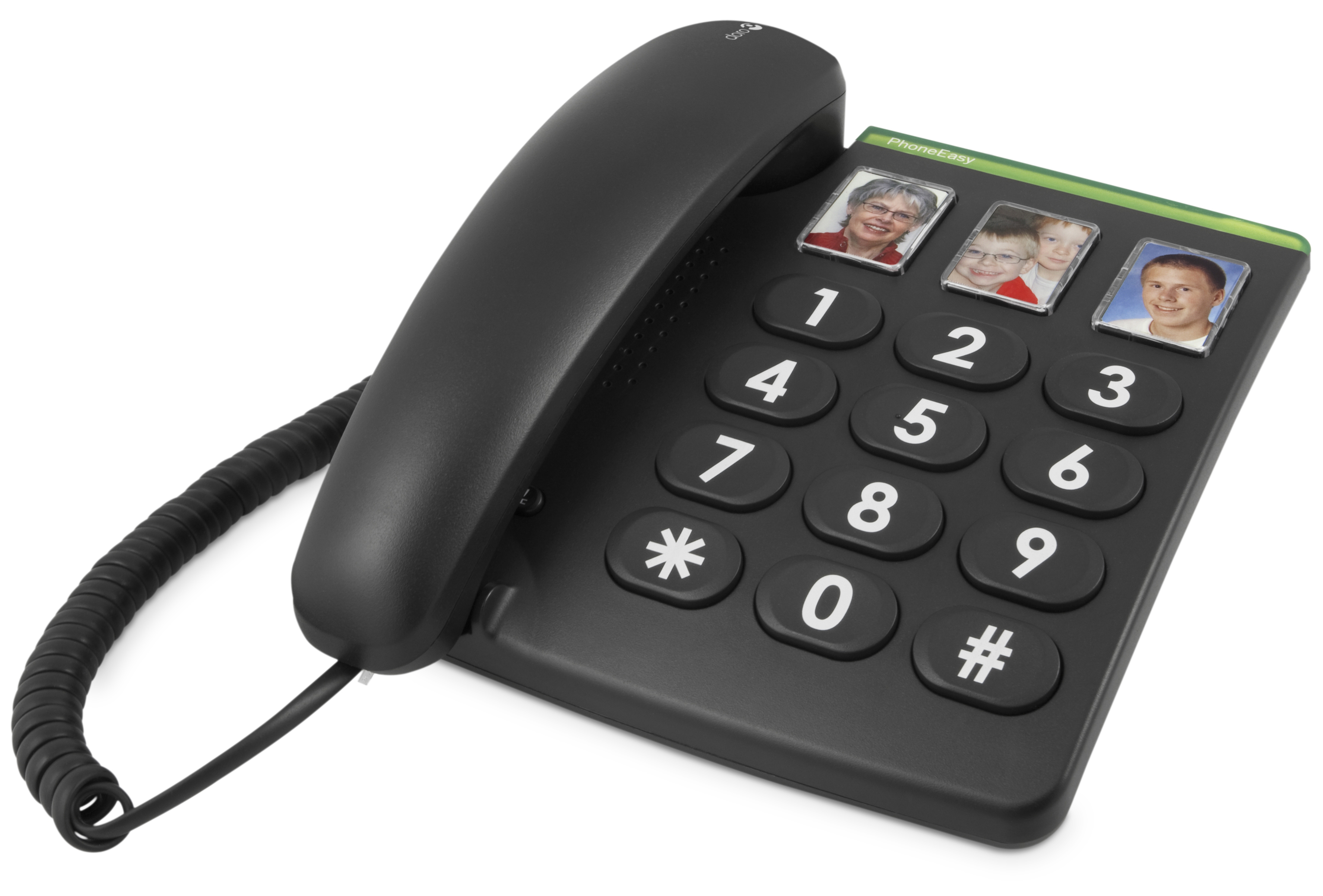 Schwarzes Festnetztelefon mit großen Tasten und Bildtasten.