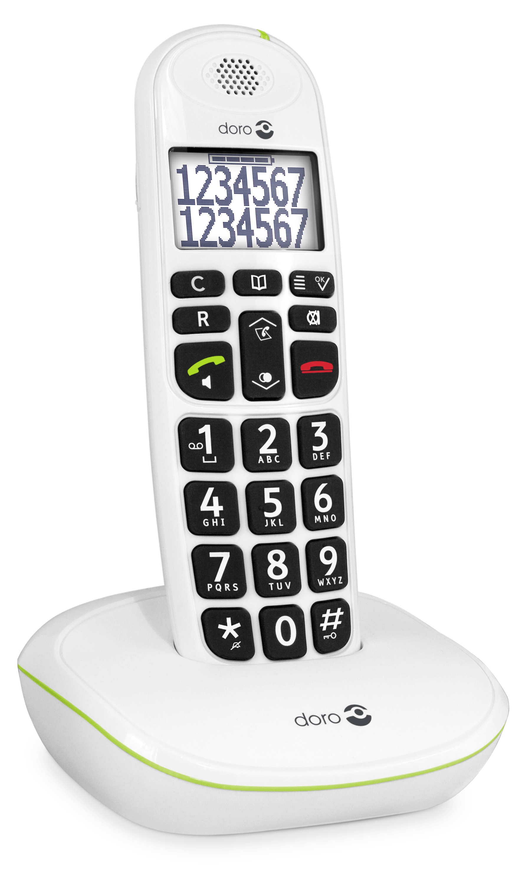 Ein weißes schnurloses Telefon mit großen Tasten und Bildschirm. Grüne Details und Basis.