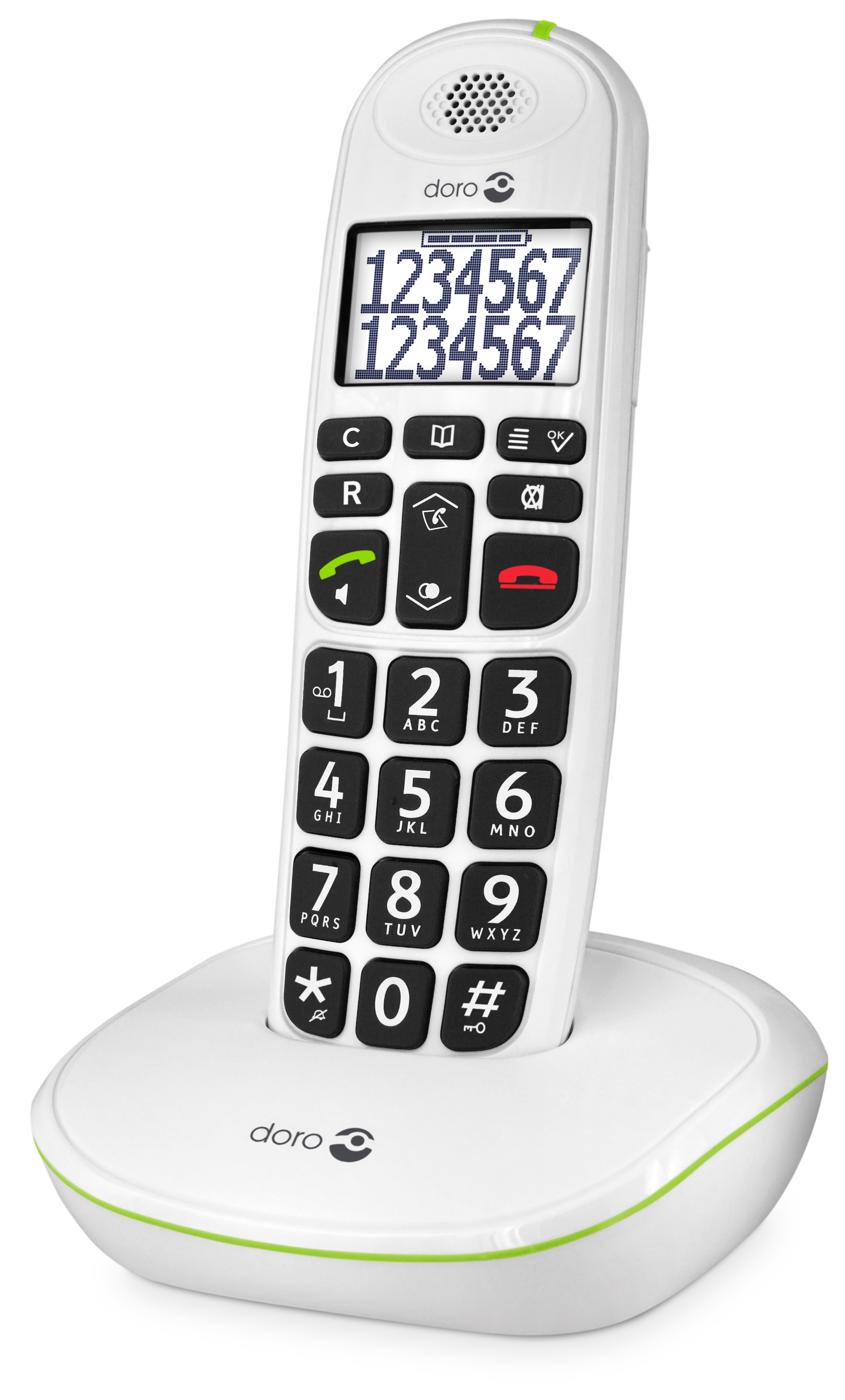 Weißes schnurloses Telefon auf weißer Basis, mit großen Tasten und einem Bildschirm mit Zahlen.