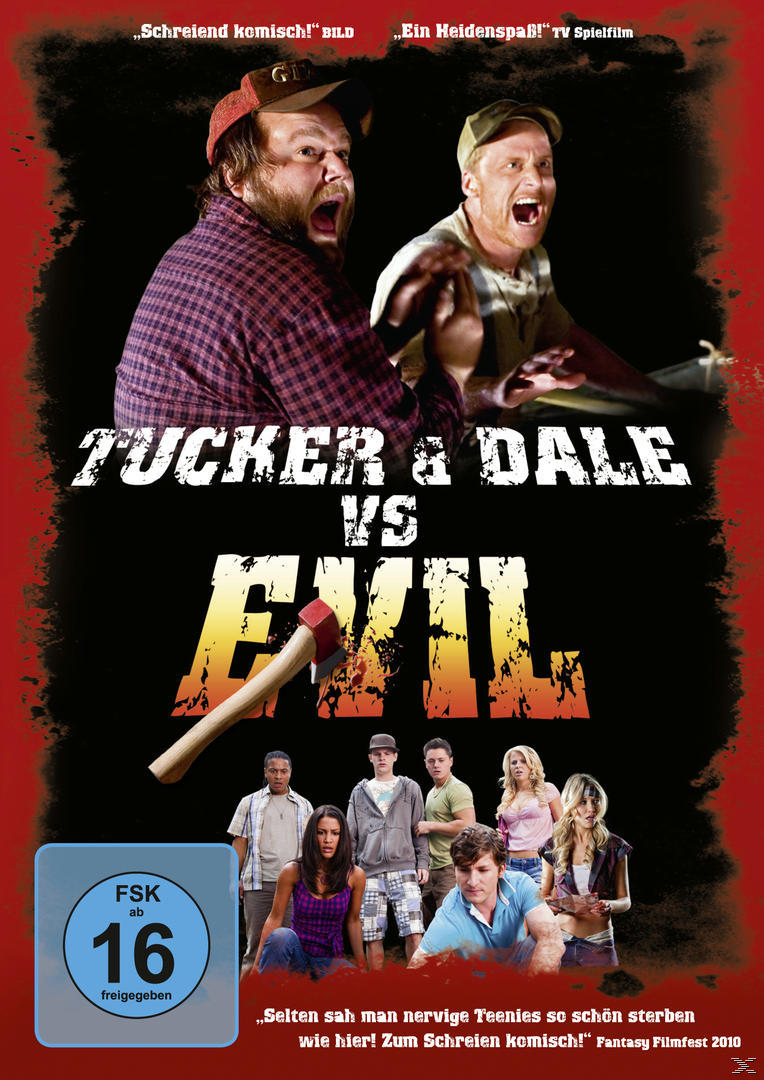 Filmposter mit zwei schreienden Männern. Darunter steht eine Gruppe von Leuten. Der Titel lautet „Tucker & Dale vs Evil“.