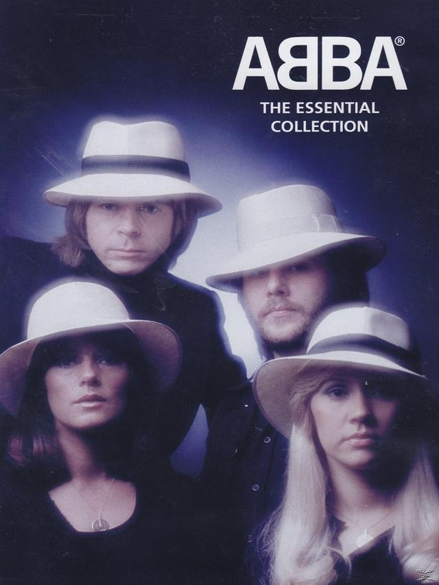 ABBA-Albumcover: Vier Bandmitglieder mit Hüten, dunkler Hintergrund. 'The Essential Collection'.