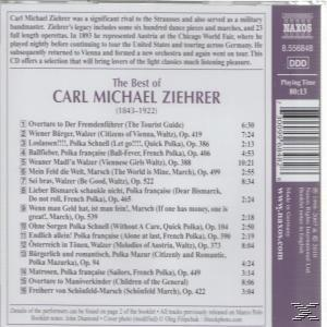 CD-Cover. Text über Carl Michael Ziehrer, einschließlich einer Liste seiner Musik auf weißem Hintergrund.