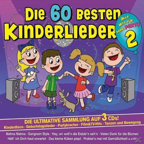 Albumcover für Die 60 Besten Kinderlieder 2 mit tanzenden Cartoon-Kindern.