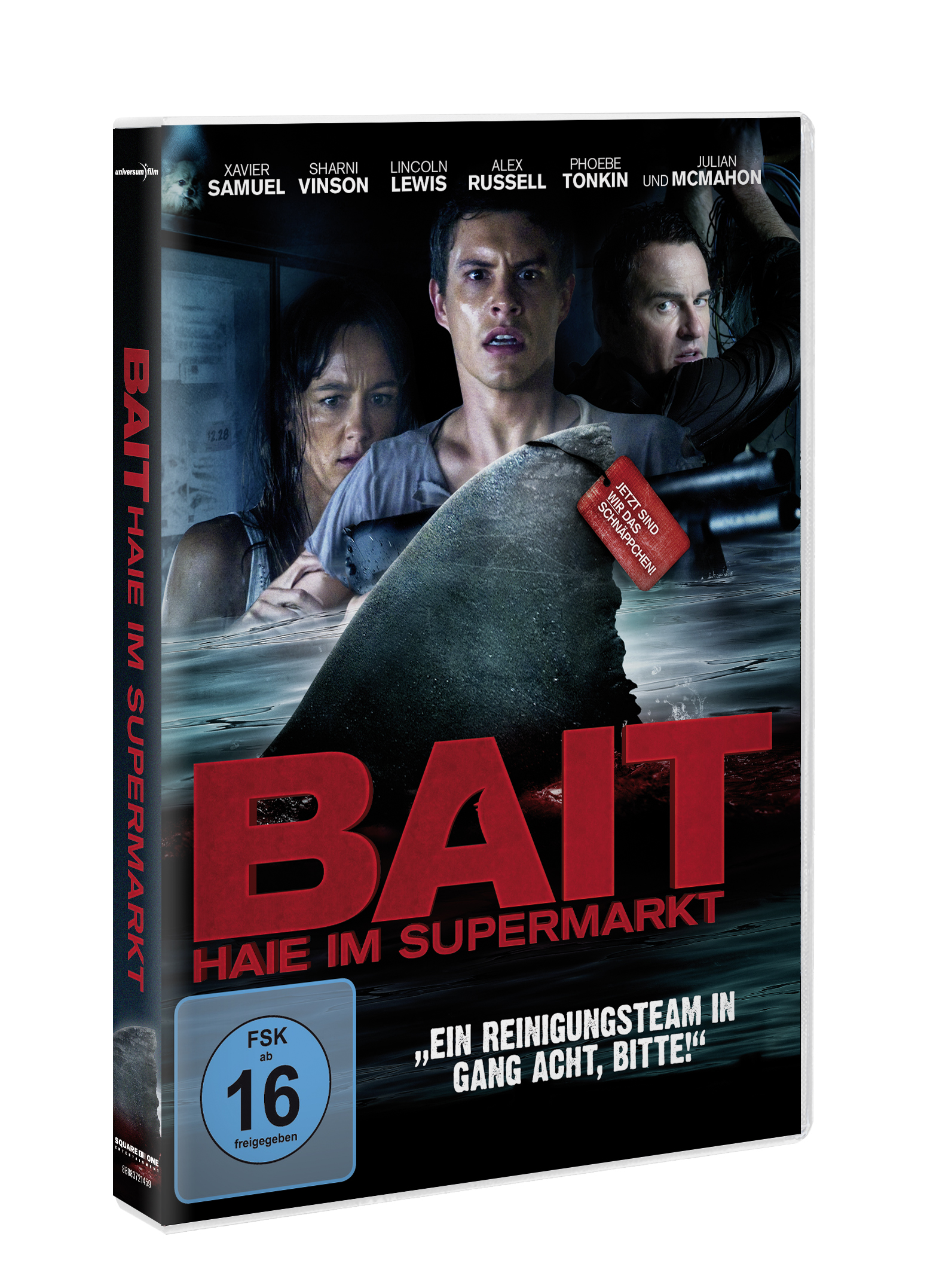 DVD-Cover, Menschen in überflutetem Supermarkt mit Hai.