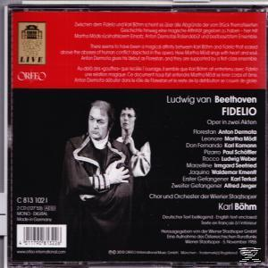 CD-Cover von Beethovens Fidelio-Oper. Schwarz-Weiß-Foto von Männern. Roter Hintergrund mit Text.
