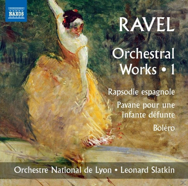 Albumcover. Eine Tänzerin in gelbem Kleid. Der Text 'Ravel' und 'Orchestral Works' sind zu sehen.