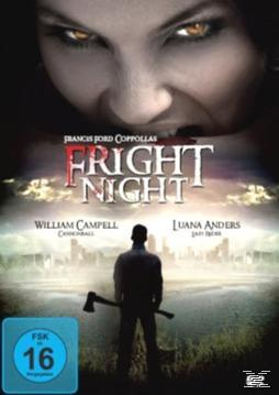 DVD-Cover: Gesicht einer Frau und ein Mann mit Axt, Titel FRIGHT NIGHT, mit Bewertungssiegel.