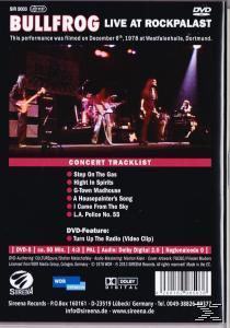DVD-Hülle. Leute auf der Bühne spielen Instrumente. Text: BULLFROG LIVE AT ROCKPALAST. Die Konzert-Trackliste ist sichtbar.