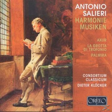 CD-Cover, Antonio Salieri. Mann liest ein Buch am Fenster, Bücher auf einem Tisch. Oranger Hintergrund.