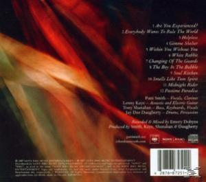 CD-Rückseite: Albumtracks, Credits, roter und oranger abstrakter Hintergrund. Patti Smith, etc.
