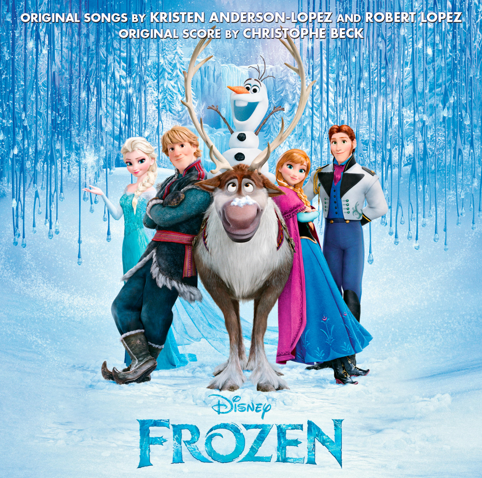 Disney Frozen Albumcover mit den Hauptfiguren: Elsa, Anna, Kristoff, Olaf und Sven in einer verschneiten Szene.