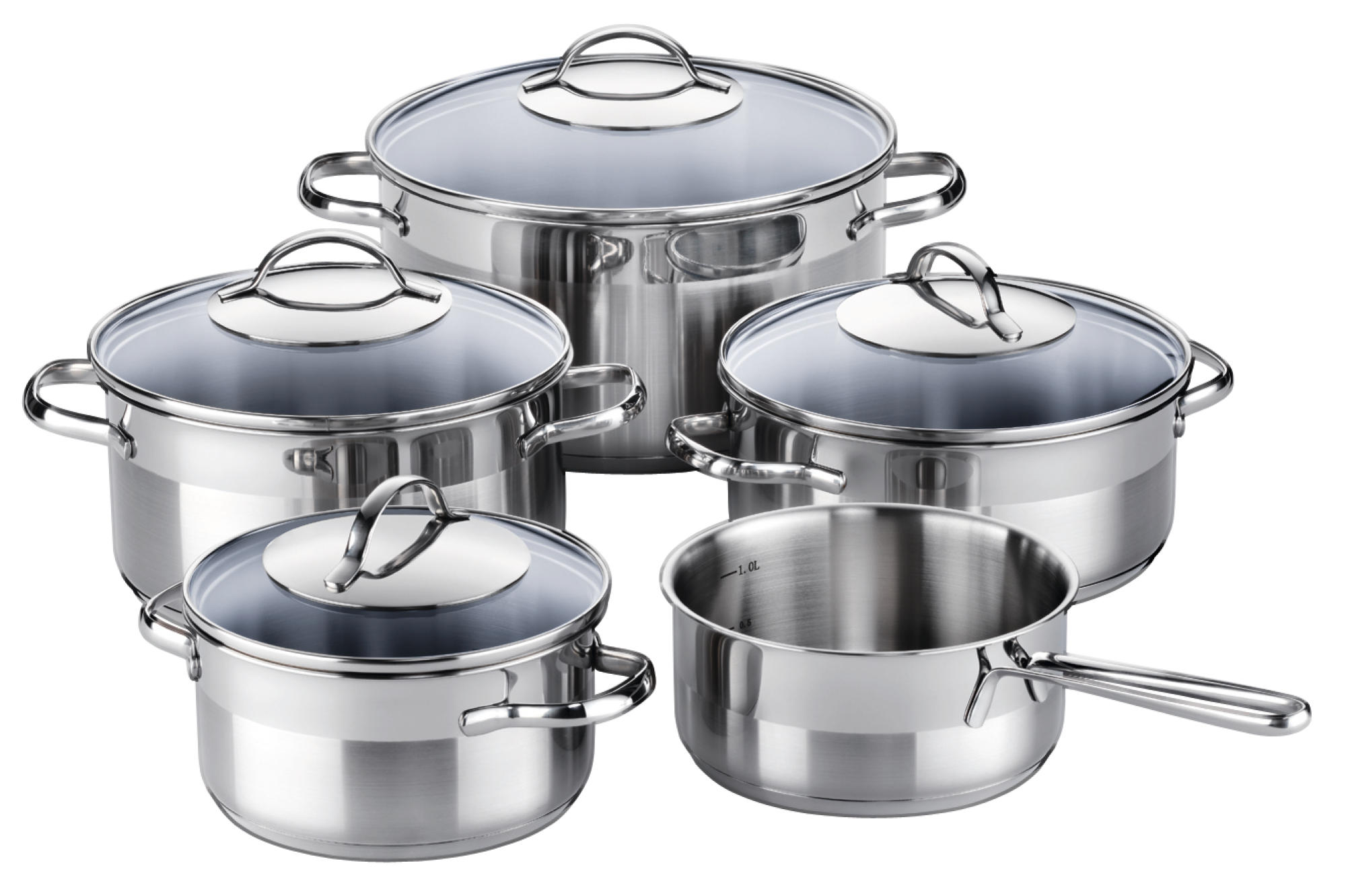 Set aus Edelstahl-Töpfen mit Glasdeckeln. Die Töpfe sind auf weißem Hintergrund.