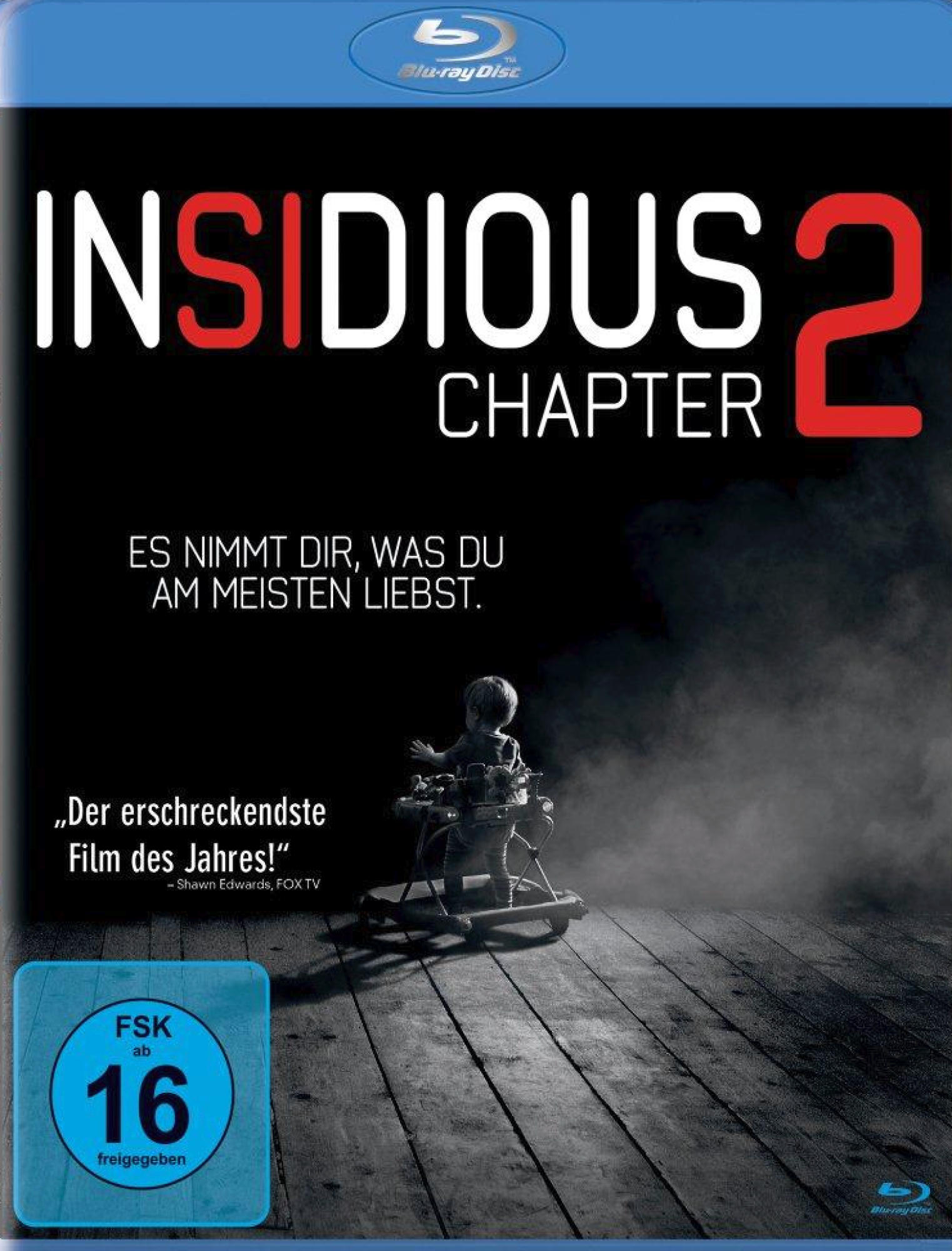 Filmplakat. Titel: Insidious 2 Chapter 2. Ein Kind in einem Walker auf einem Holzboden. Dunkler Hintergrund und ein beängstigender Ton.
