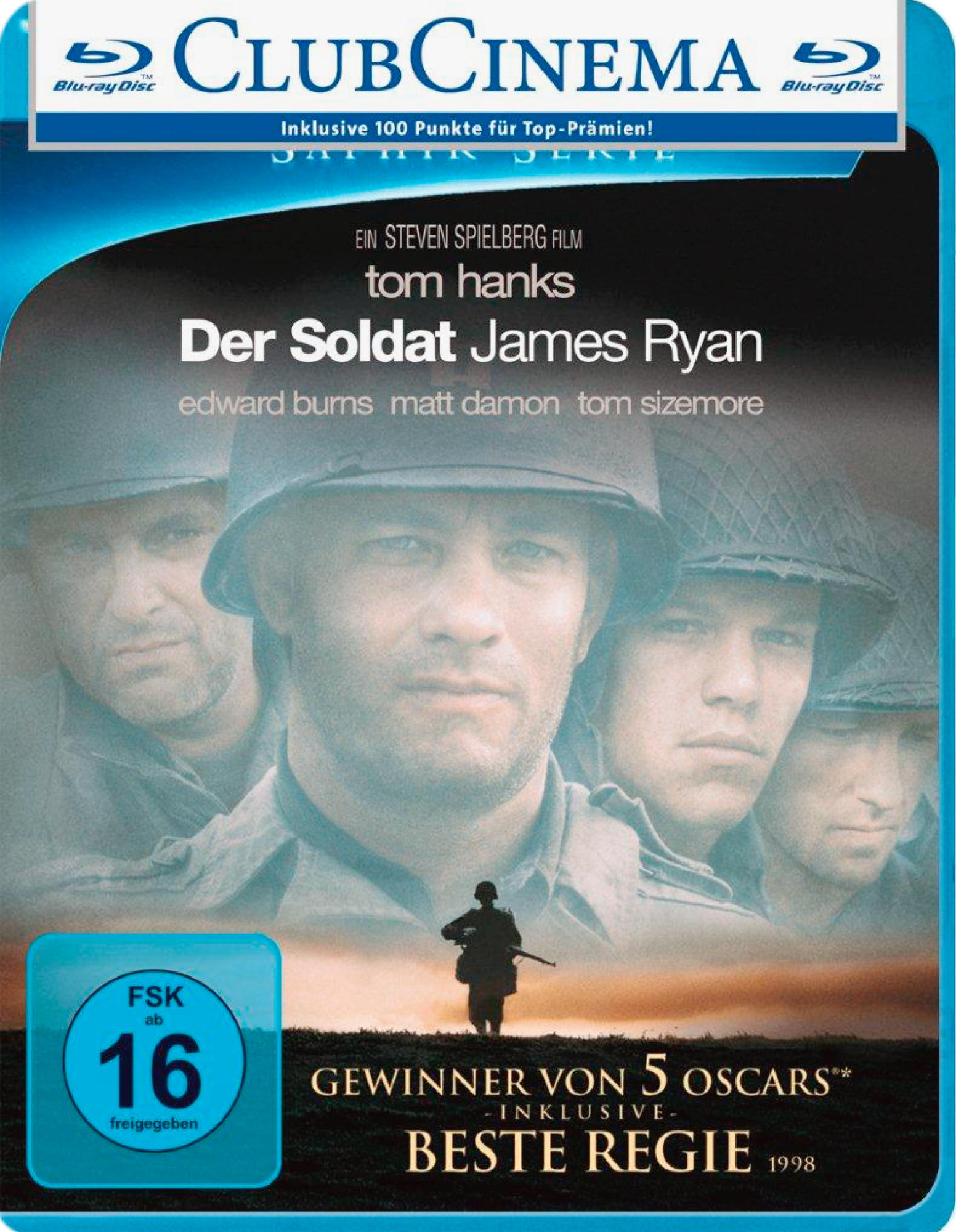 Filmcover von 'Der Soldat James Ryan' mit Tom Hanks und anderen in Helmen. Blaues und weißes Cover.