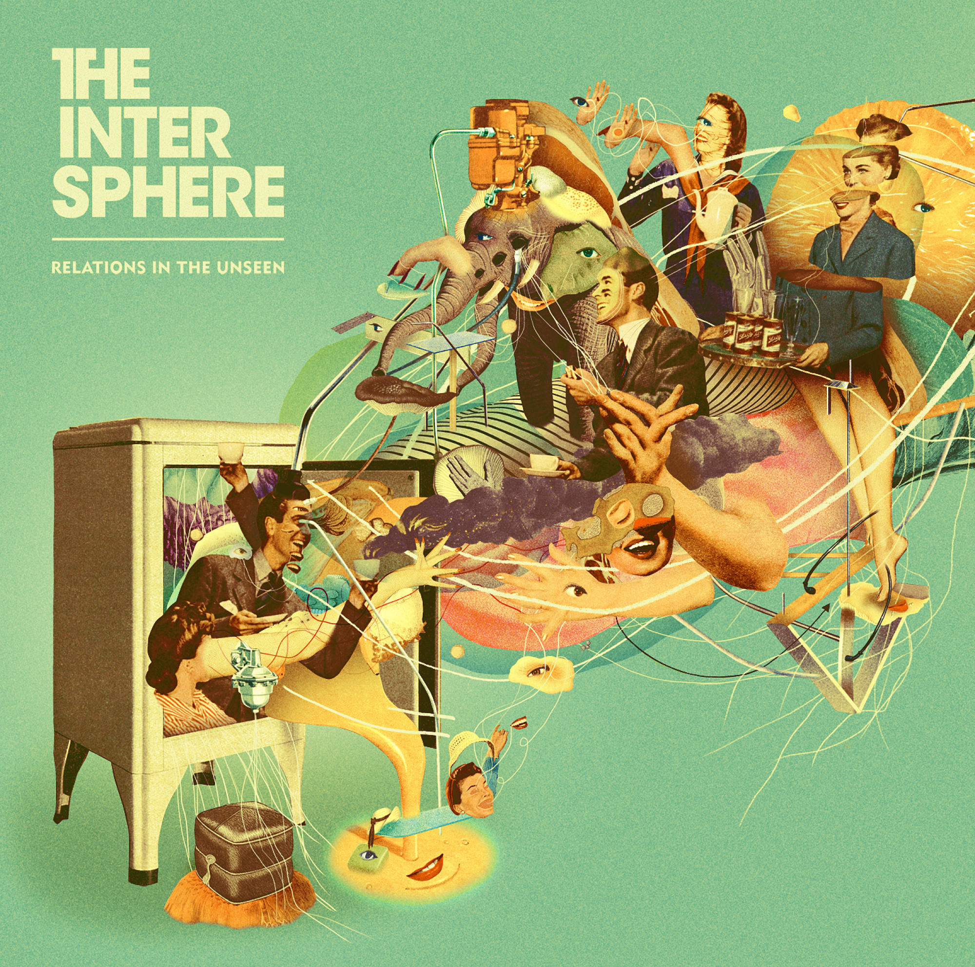 Albumcover: Surreale Kunst, Figuren, Linien und Formen in Türkis. Titel: The Inter Sphere.