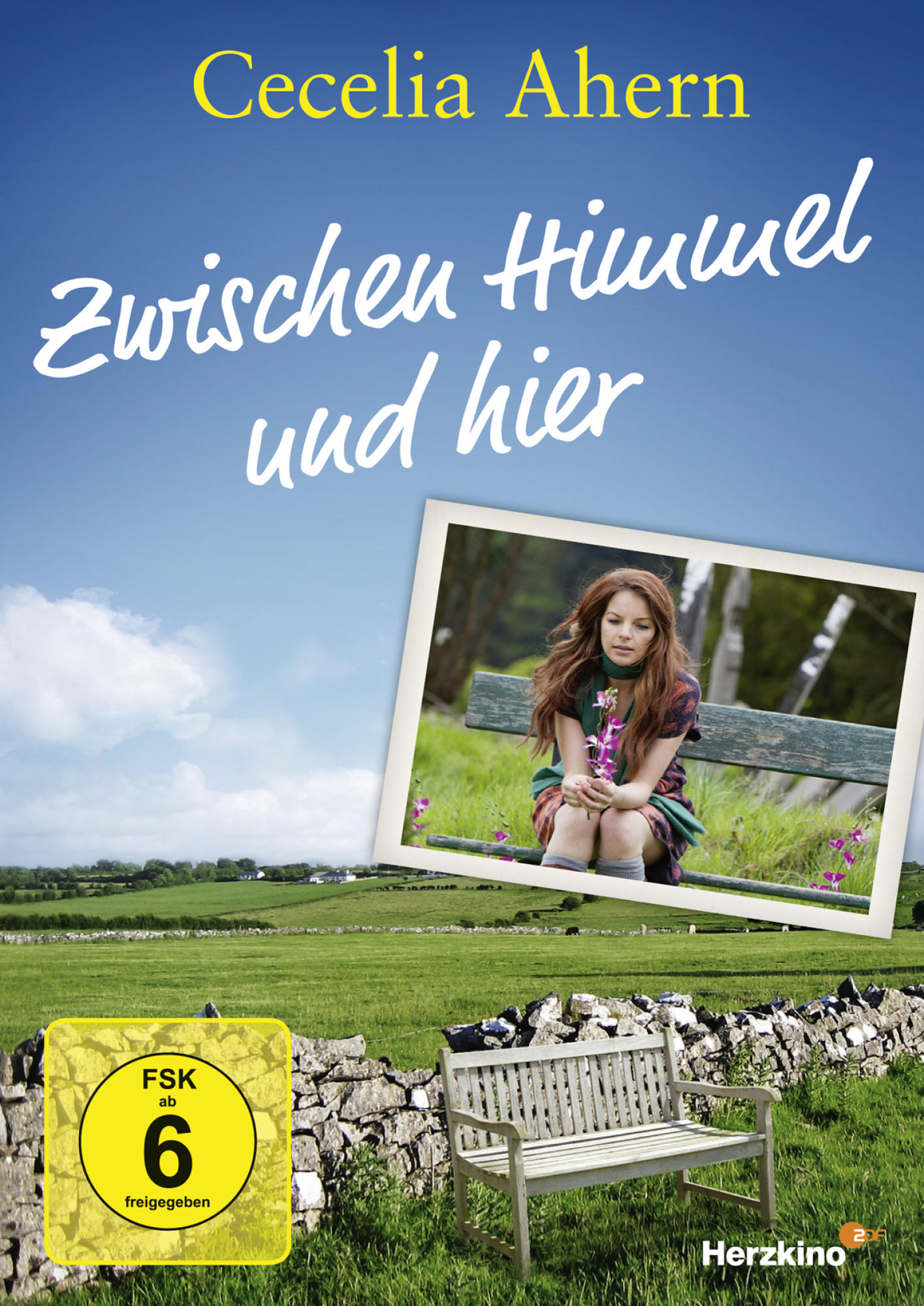 DVD-Cover: Frau hält Blumen an einer Bank, grünes Feld. Titel 'Zwischen Himmel und hier'.