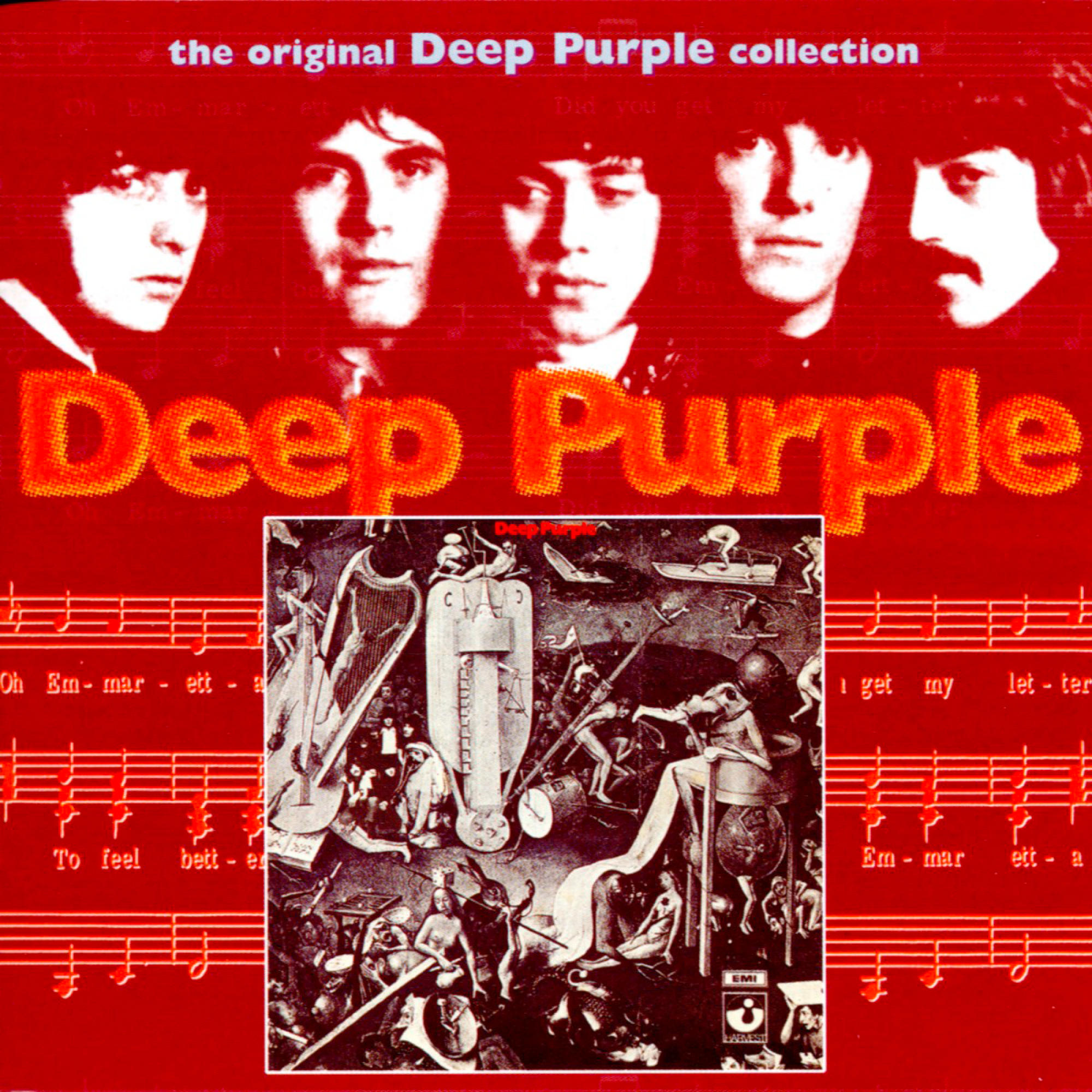 Albumcover für 'the original Deep Purple collection'. Zeigt Bandmitglieder und ein surreales Kunstwerk.