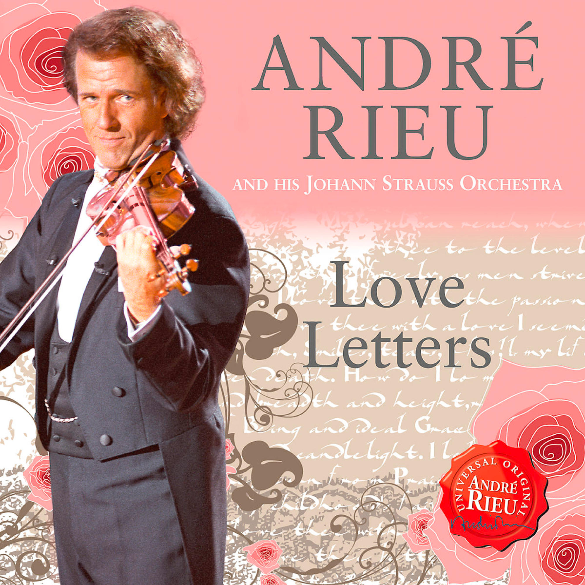 André Rieu, in smoking, met een viool, met de titel 'Love Letters' op de albumhoes.