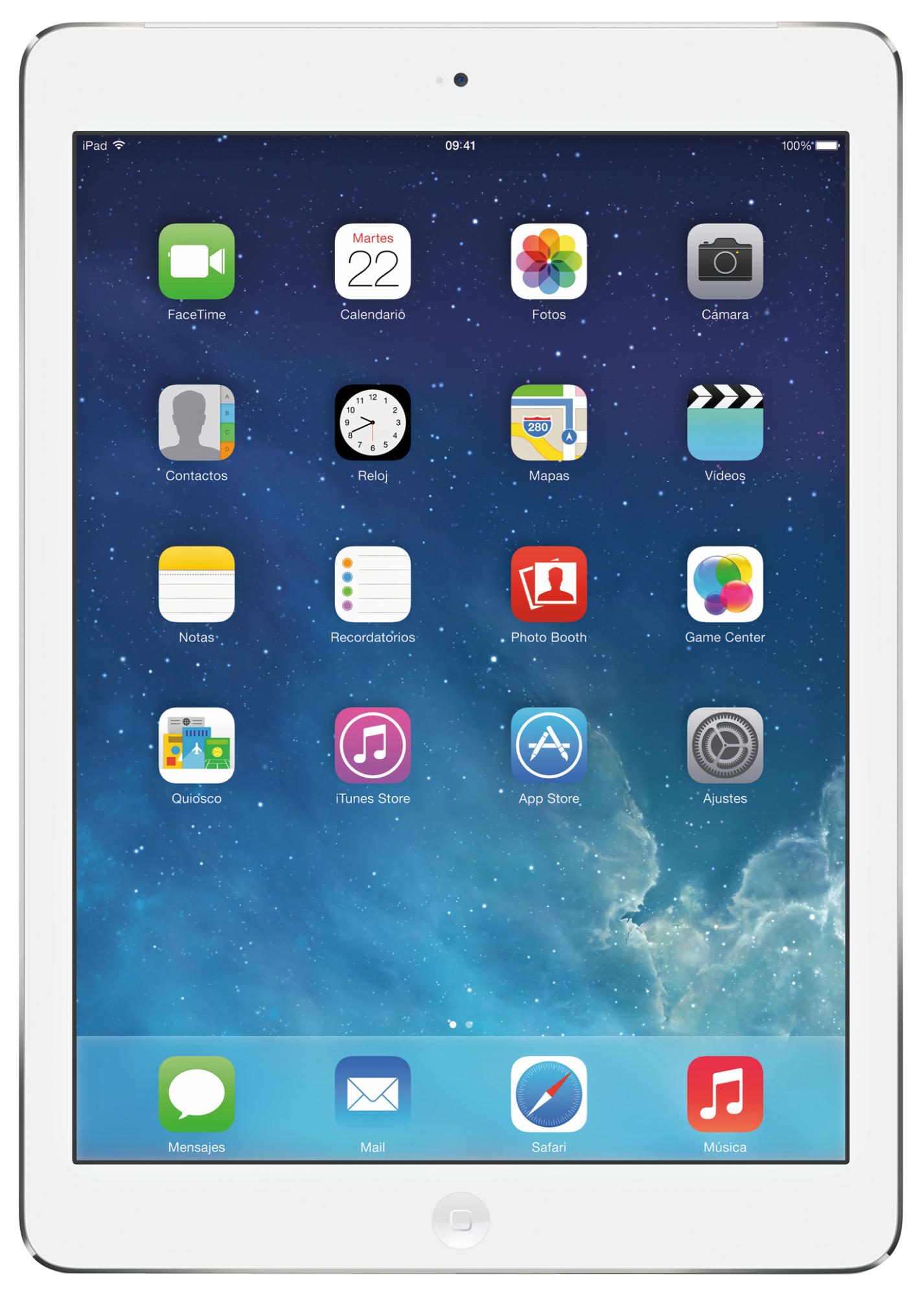 iPad blanco con varios iconos de aplicaciones en la pantalla. La hora es 09:41 y la batería está al 100%.