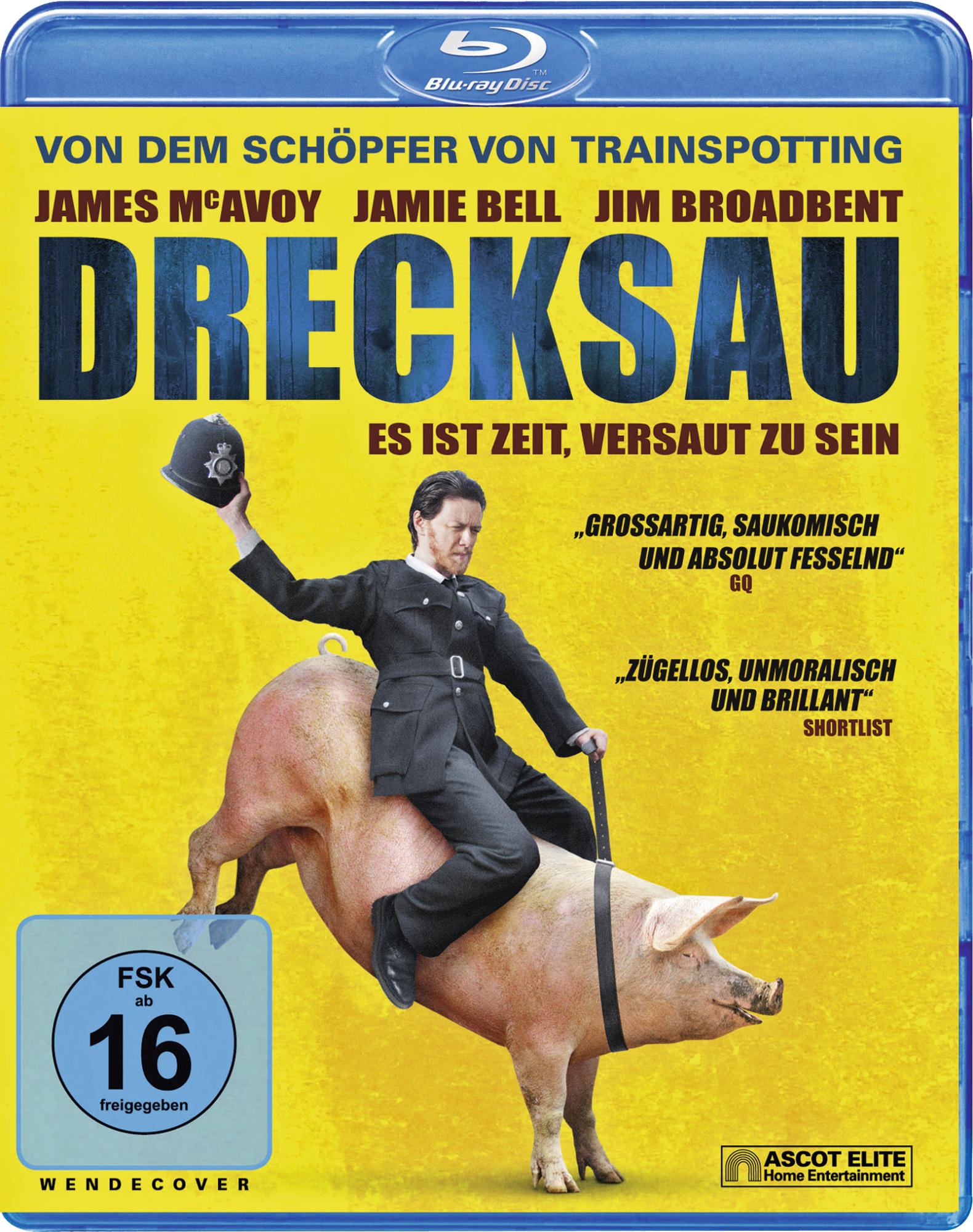 DVD-Cover mit einem Mann auf einem Schwein, dem Titel und Text auf gelbem Grund.