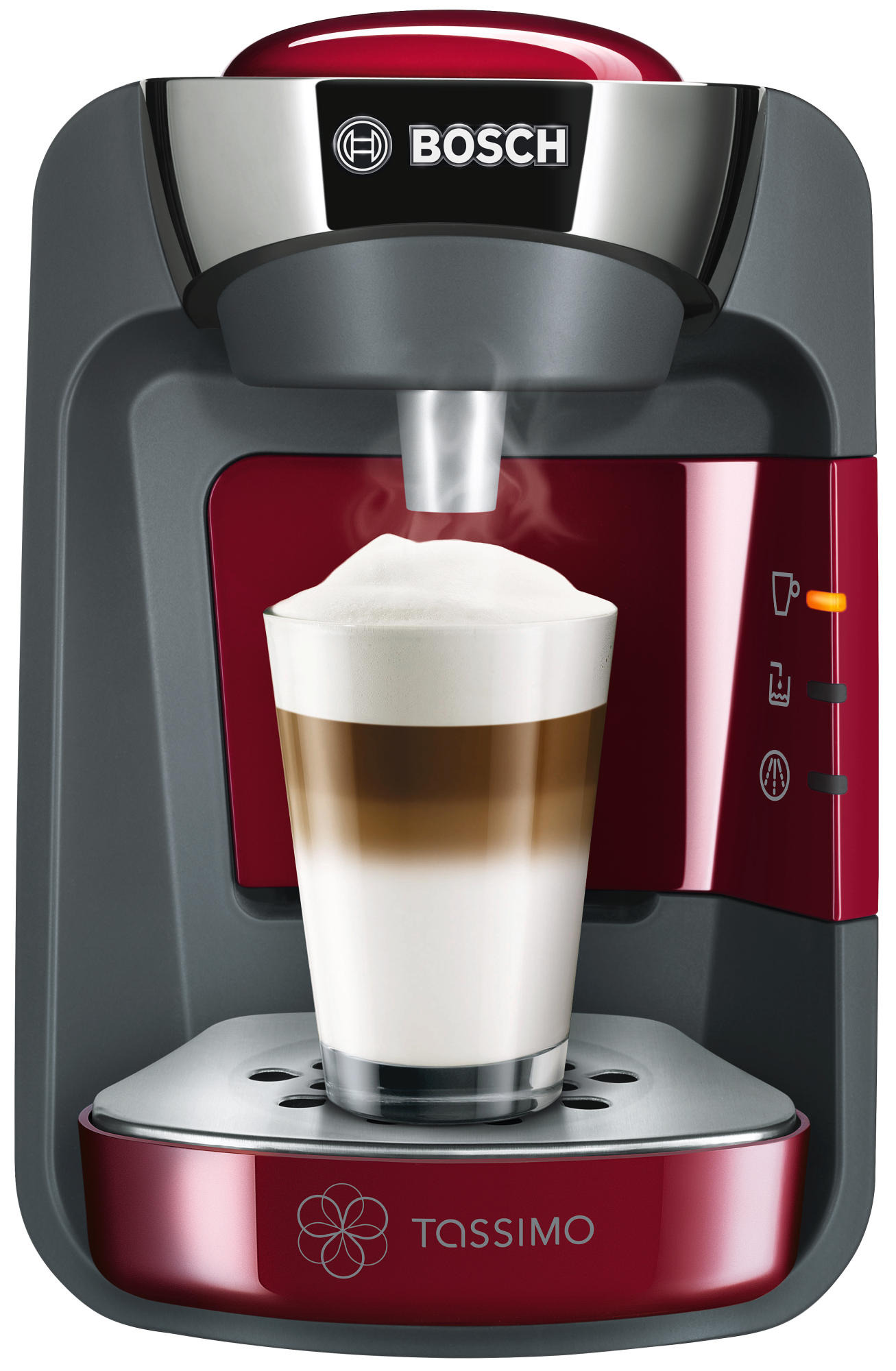 Eine rot-graue Bosch Tassimo Kaffeemaschine mit Latte Macchiato im Glas.