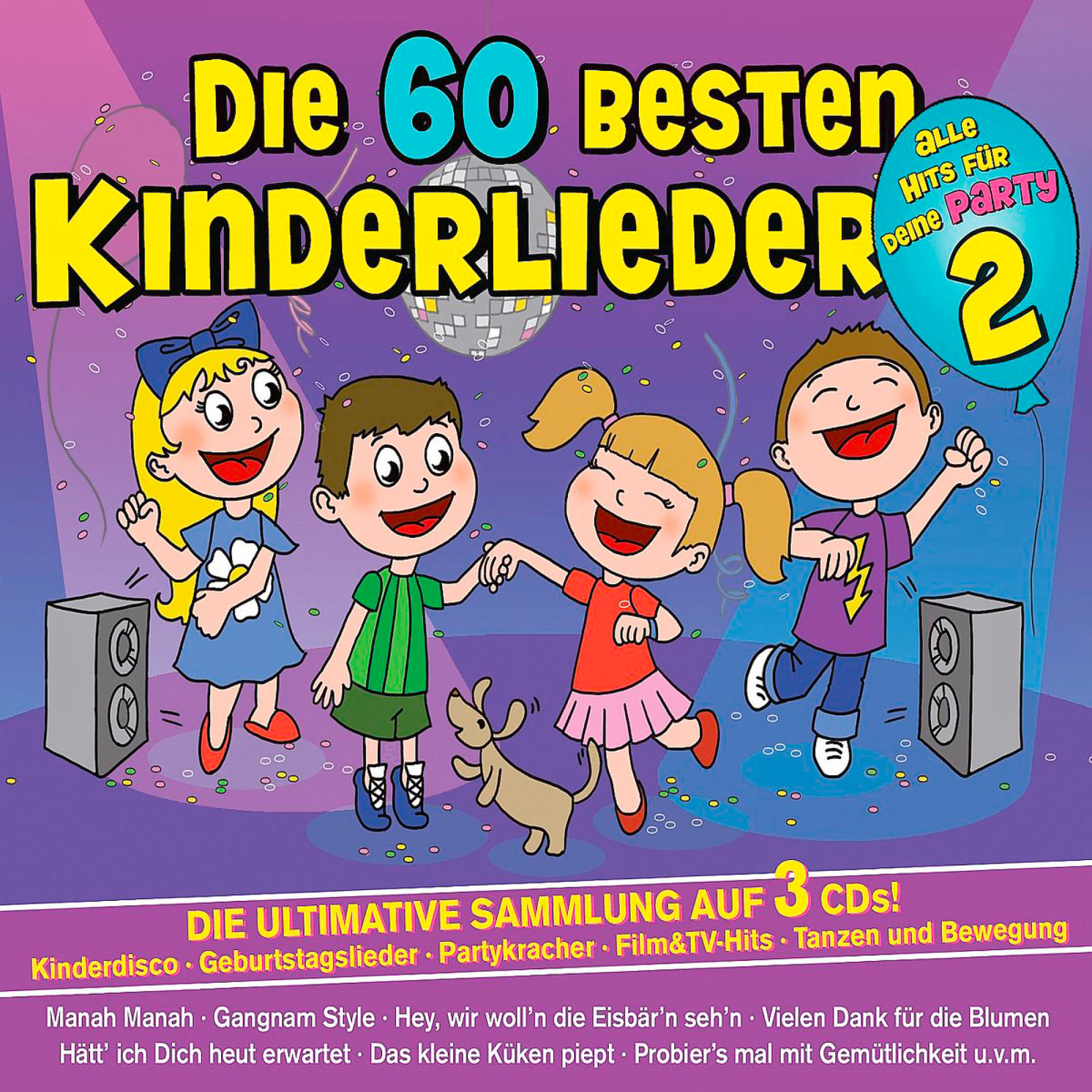 Albumcover mit vier tanzenden Cartoon-Kindern, Discokugel und Text 'Die 60 besten Kinderlieder'.