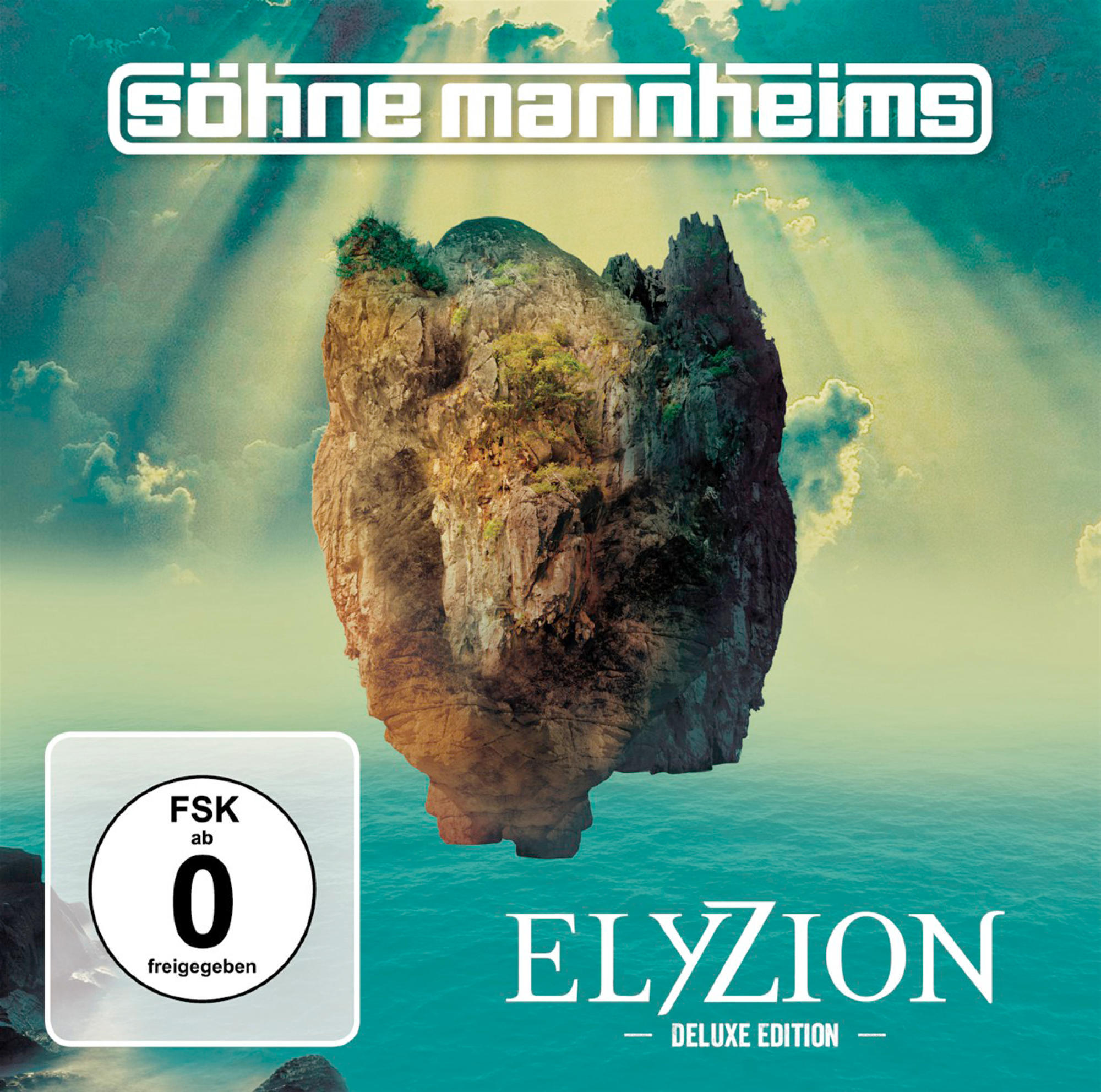 Albumcover: Insel schwimmt in türkisfarbenem Wasser. Text: 'ELYZION' und 'Söhne Mannheims'.