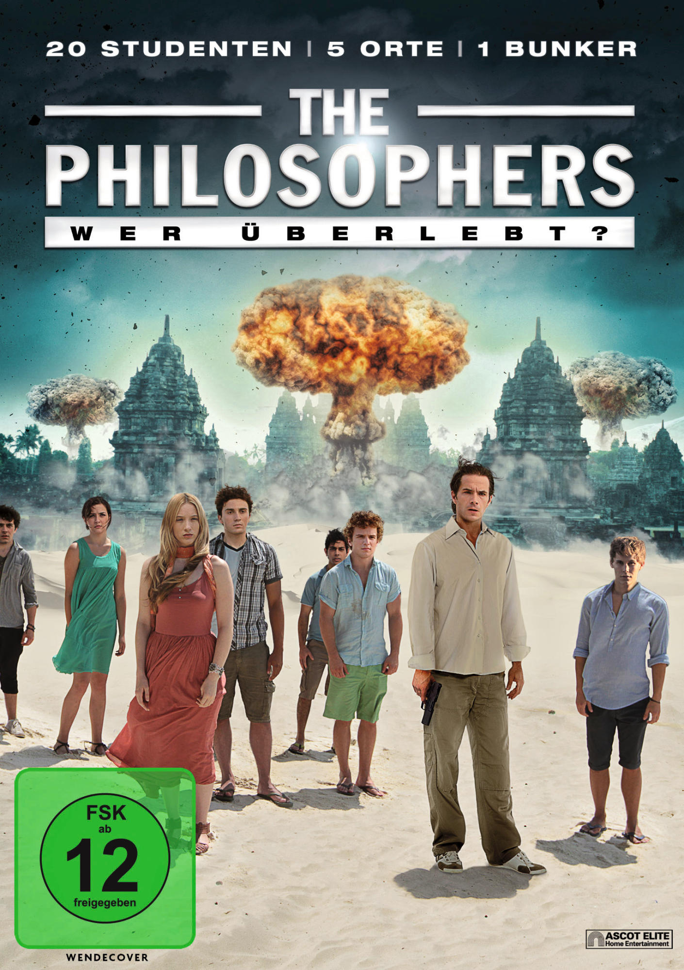 Filmposter für 'The Philosophers'. Eine Gruppe von Leuten am Strand mit einer Atompilzwolke im Hintergrund.