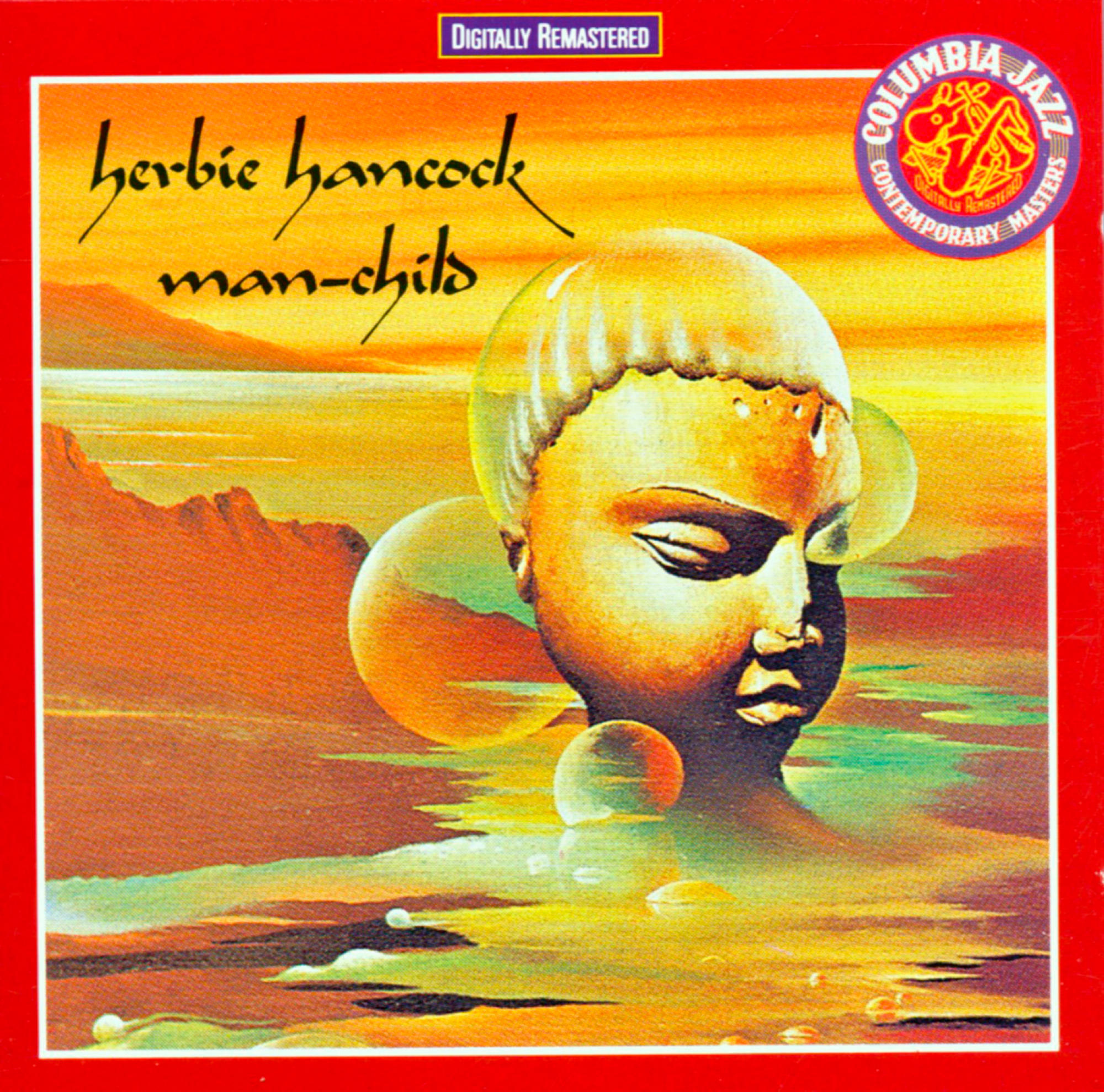 CD-Cover von 'Herbie Hancock - Man-Child'. Eine Illustration eines Kopfes befindet sich auf dem Cover. Rot und Orange.