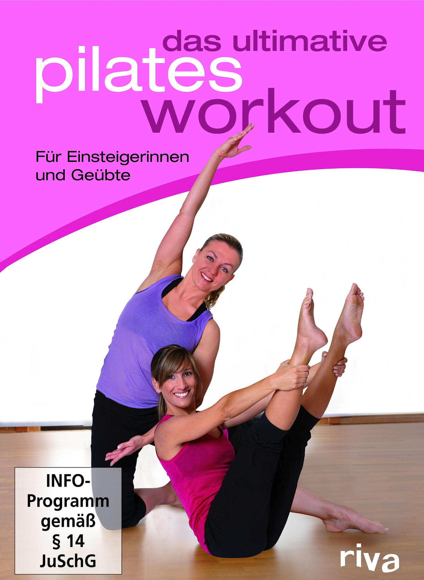 Pilates-Workout-Cover. Zwei Frauen machen Pilates. Text sagt Pilates Workout.