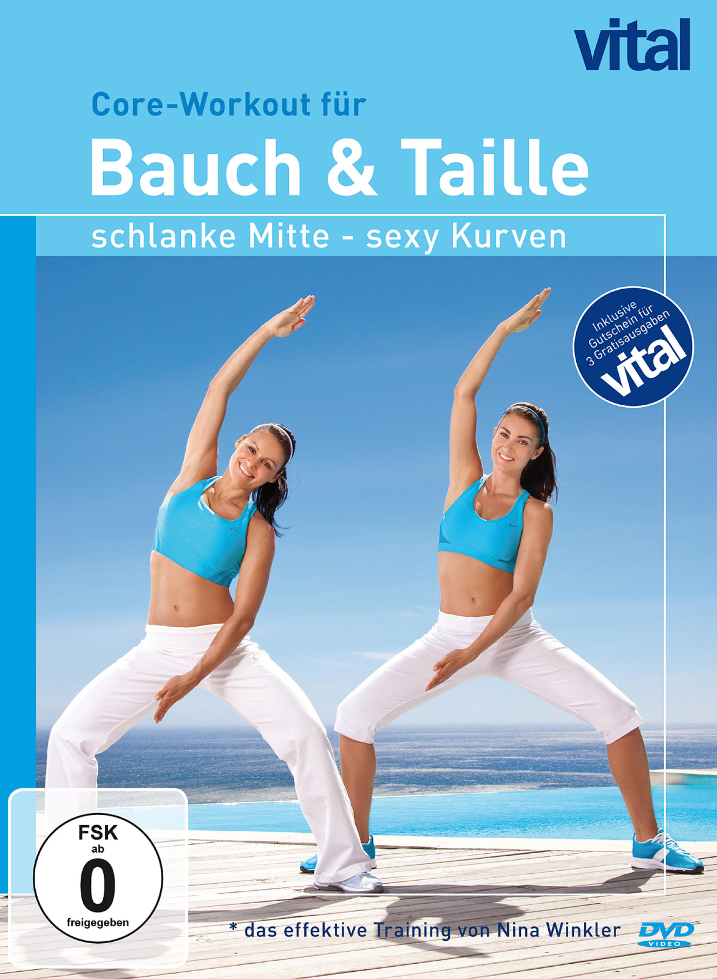 DVD-Cover: Zwei Frauen machen Yoga, Text: Bauch & Taille.