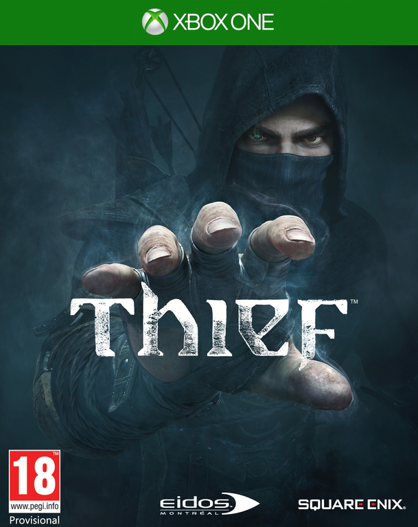 Játék borító: Kapucnis férfi nyújtózkodik. Cím: Thief. Xbox One logó felül.