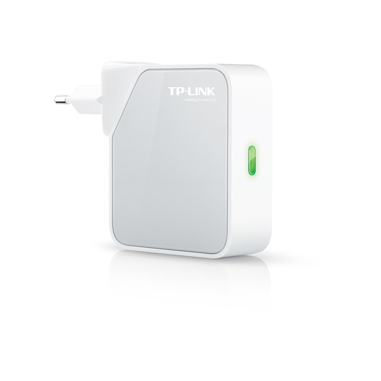 Weiß-grauer TP-Link WLAN-Extender mit Stecker und grüner Kontrollleuchte.