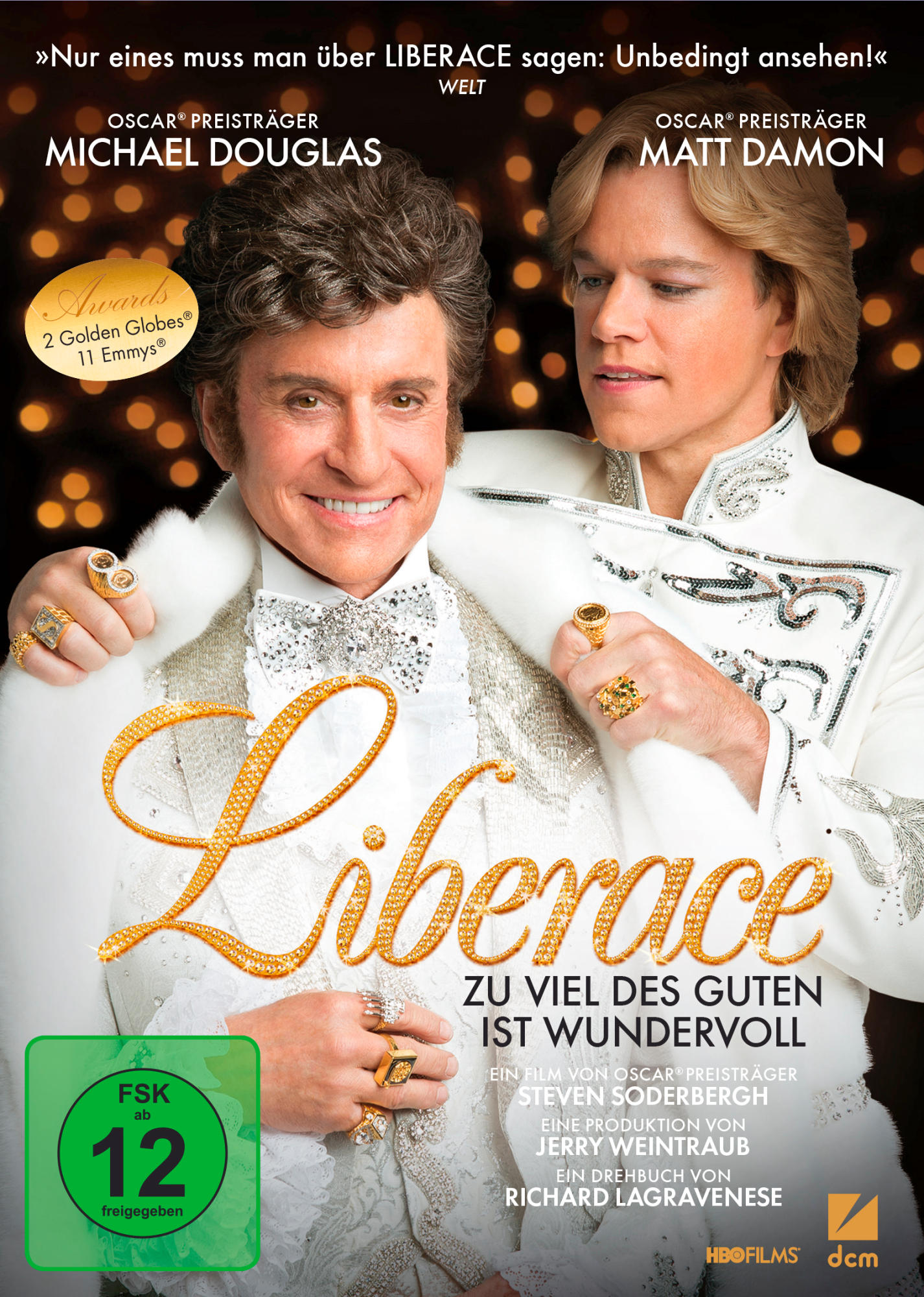 Filmposter von Liberace mit Michael Douglas und Matt Damon, mit Text und Auszeichnungen.